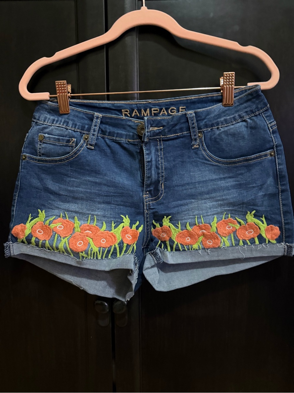 Rampage Blue Denim Shorts with Orange Floral Embroidery